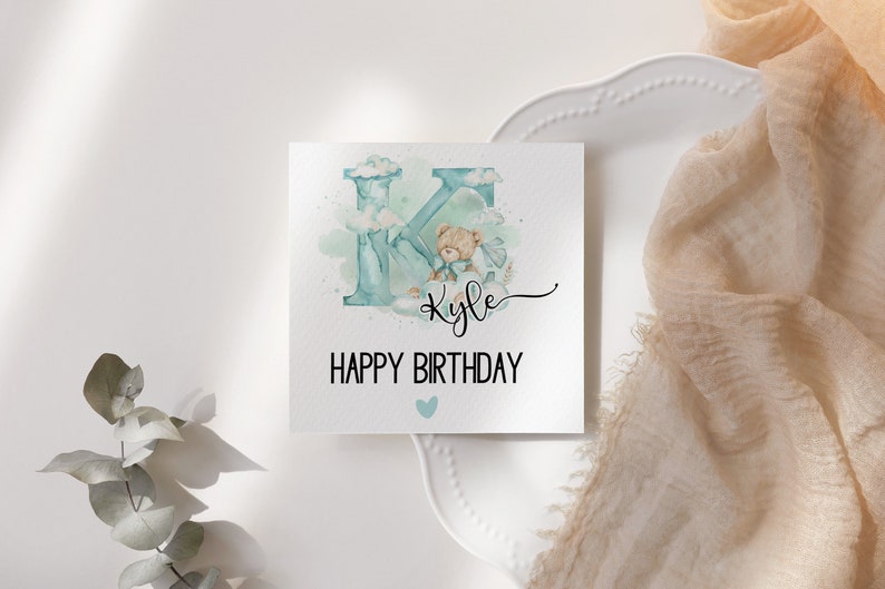 Personalized Boy's Birthday Card With Blue Teddy Bear Design, Monogram ...