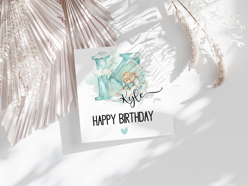 Personalized Boy's Birthday Card With Blue Teddy Bear Design, Monogram ...