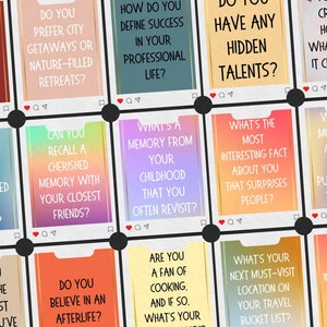 May include: A set of colorful Instagram story cards with thought-provoking questions to spark conversation and get to know someone better. The questions are about personal beliefs, memories, travel, and more.