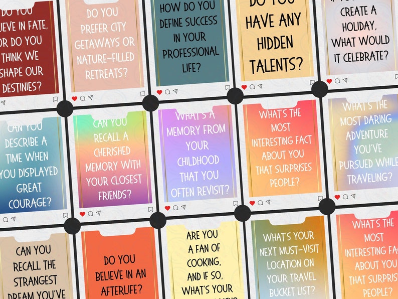 May include: A set of colorful Instagram story cards with thought-provoking questions to spark conversation and get to know someone better. The questions are about personal beliefs, memories, travel, and more.
