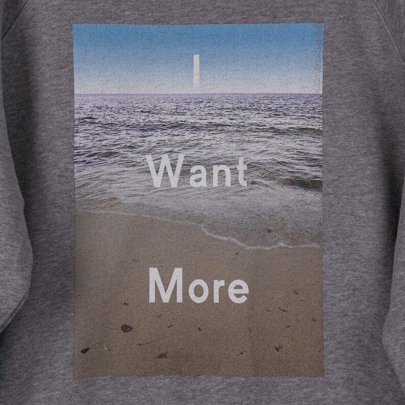 Puede incluir: Sudadera gris con una imagen de playa. La imagen muestra un cielo azul, olas y una playa de arena. Las palabras "Want More" est&aacute;n impresas en blanco en la imagen.
