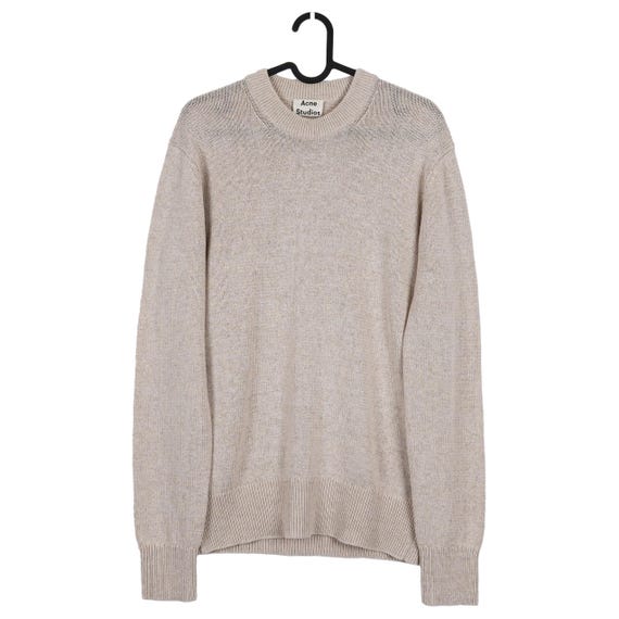 Acne Studios, Vintage Acne Studios Beige Linen Cotton Nylon Knit Crewneck Sweater Sand Marl Lightweight Wide Ribbed Collar Cuffs Hem Mens Knitwear