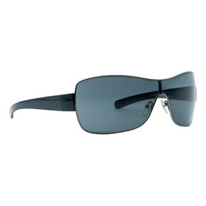May include: Sleek, modern sunglasses with a dark gray, wraparound lens and black frames. The sunglasses have a curved design and a silver nose bridge. The arms are black and extend back from the lens.