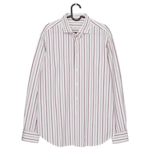 May include: White dress shirt with vertical stripes in burgundy and light blue. The long-sleeved shirt is hanging on a black hanger. The shirt has a button-down front and a classic collar.