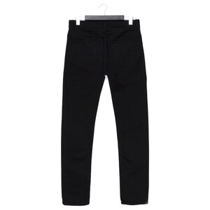 May include: A pair of black denim jeans hanging on a white hanger. The jeans have a classic five-pocket design and a straight leg cut. The back pockets are visible, and the fabric appears to be a medium weight.