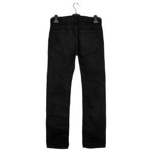 May include: Black denim jeans hanging on a black hanger. The jeans have a classic five-pocket design with a straight leg. The back pockets are visible, and the jeans appear to be a solid, dark color.