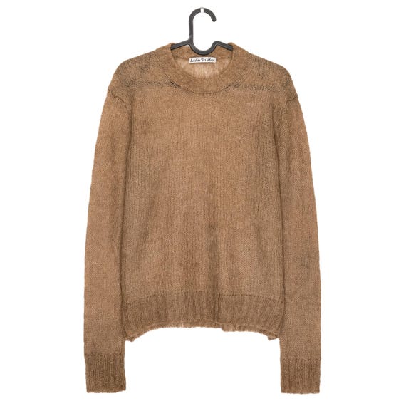 Acne Studios, Vintage Acne Studios Camel Brown Mohair Wool Sheer Open Knit Crewneck Sweater Lightweight Ribbed Collar Cuffs Hem Mens Designer Knitwear