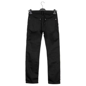 May include: Back view of black denim jeans hanging on a black hanger. The jeans have two back pockets and silver rivets. The pants are straight-legged and appear to be made of a sturdy material.