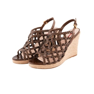 Vintage Prada Chain Link Braided Brown Leather Wedge Heels