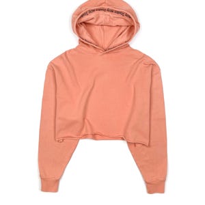 May include: A cropped, peach-colored hoodie with a drawstring hood. The hood features the text "Acne Studios" in black. The long sleeves have ribbed cuffs, and the bottom hem is raw-edged.