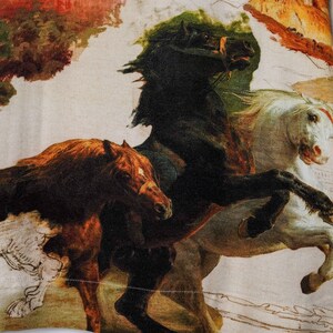 May include: A fabric featuring a classical painting of three horses in motion. The horses are depicted in shades of brown, black, and white, with a dynamic and energetic composition. The background has a faded, vintage aesthetic.