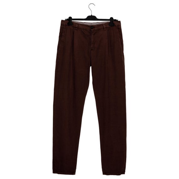 Brunello Cucinelli, Vintage Brunello Cucinelli Brown Cotton Chino Trousers Mens Single Pleat Jetted Back Pockets Waistband Tab Striped Pocketing Made in Italy