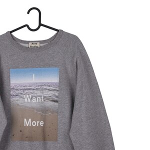 Puede incluir: Sudadera gris de Acne Studios con un gr&aacute;fico rectangular de una escena de playa. El gr&aacute;fico presenta un cielo azul, olas y las palabras "Want More" en blanco. La sudadera est&aacute; colgada de una percha negra.