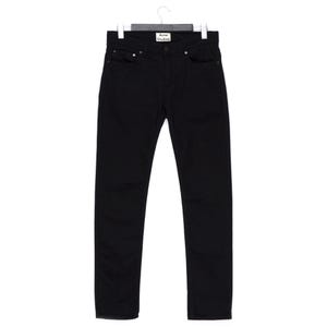 May include: Black denim jeans hanging on a hanger. The jeans have a classic five-pocket design and a straight leg fit. The brand label "Acne Studios" is visible on the back pocket. The jeans are made of a sturdy, dark-colored denim.