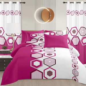 May include: A magenta and white geometric patterned bedding set with matching curtains. The duvet cover and pillowcases feature a bold design of hexagons and stripes. The curtains have a similar pattern, creating a cohesive bedroom set.