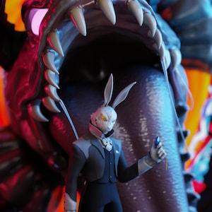 May include: A 3D-rendered figurine of a rabbit-headed figure in a suit, holding a red sword and a blue gem, standing before a monster's open mouth. The monster's mouth is filled with sharp teeth and a long tongue. The background is dark with glowing orange and red.
