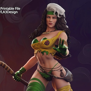 May include: A 1:6 scale figurine of a female character in a dynamic pose, holding a spear. She wears a green and yellow outfit, standing on a rock formation. The image includes text that says "Download STL Printable File patreon.com/LA3Design".