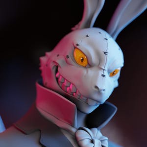 Puede incluir: Un conejo blanco con piel cosida y ojos amarillos brillantes lleva un traje negro con una pajarita blanca. El conejo tiene una sonrisa amenazante y parece ser un personaje de una historia de fantasía u horror. El texto "PATREON REWARD" y "BE A MEMBER AT PATREON.COM/LASDESIGN" es visible en la parte inferior de la imagen.