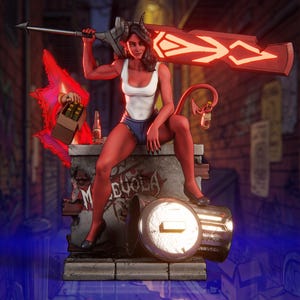 Puede incluir: Ilustración digital de una demonio femenina con piel roja, cuernos y cola, sosteniendo una gran espada roja brillante. Viste una camiseta sin mangas blanca y pantalones cortos de mezclilla, sentada sobre una estructura de piedra con la palabra "MEGOLA". Un cubo de basura y botellas de cerveza están cerca.