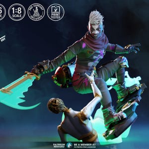 May include: A detailed figurine of a character in a dynamic pose, holding a glowing green sword. The figure is wearing a dark outfit with purple and gold accents. The base has a glowing green effect. The image includes text indicating scale and print testing.