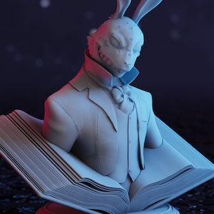 May include: A white 3D printed bust of a rabbit wearing a suit and a bow tie. The rabbit is sitting on top of a closed book. The bust is on a circular base. The text "PATREON REWARD" and "BE A MEMBER AT PATREON.COM/LASDESIGN" is visible at the bottom of the image.
