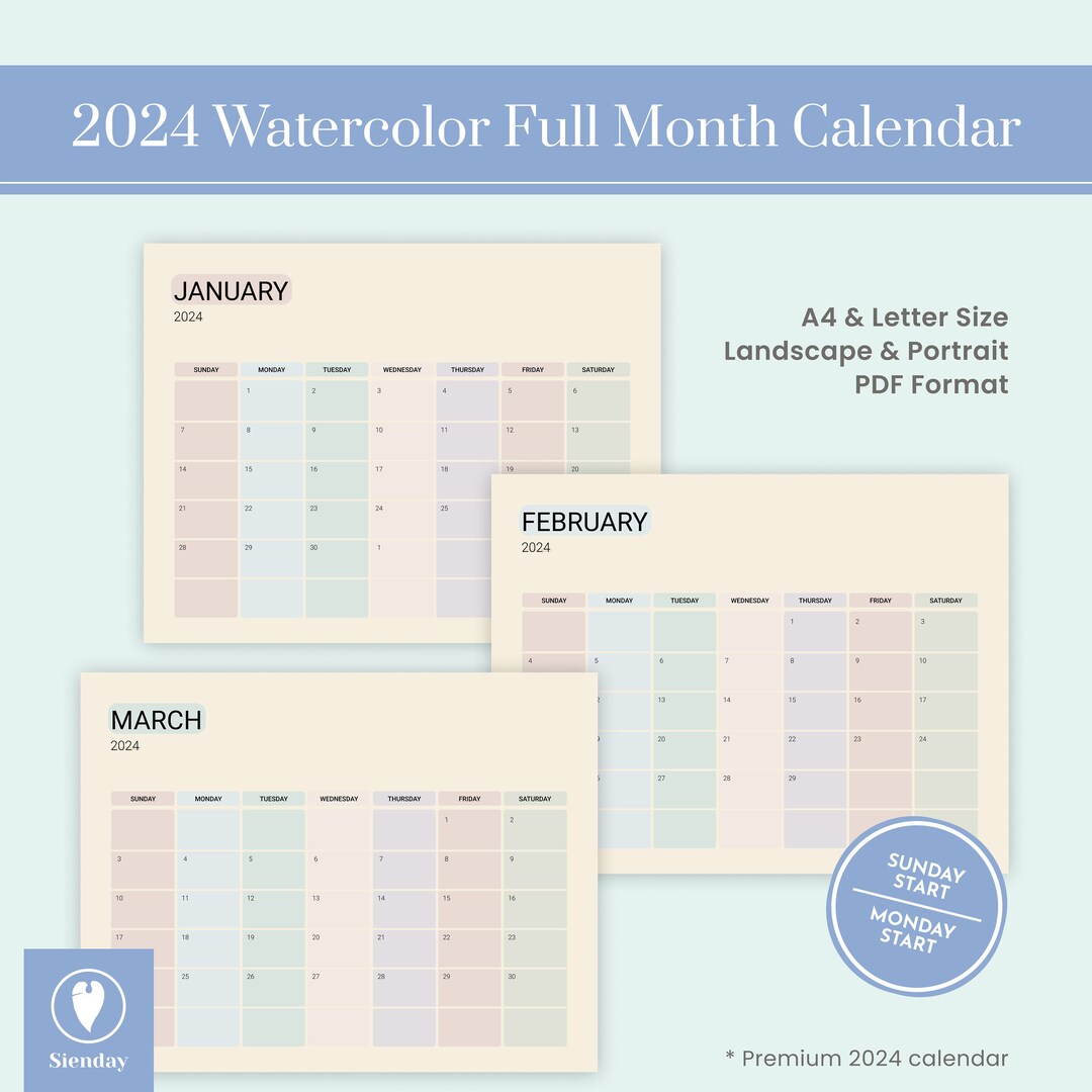 Template Monthly 2024 Calendar Printable Watercolor Planner - Etsy
