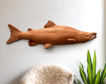 Hand Carved Beech Wood Salmon Wall Art: Rustic Coastal Decor