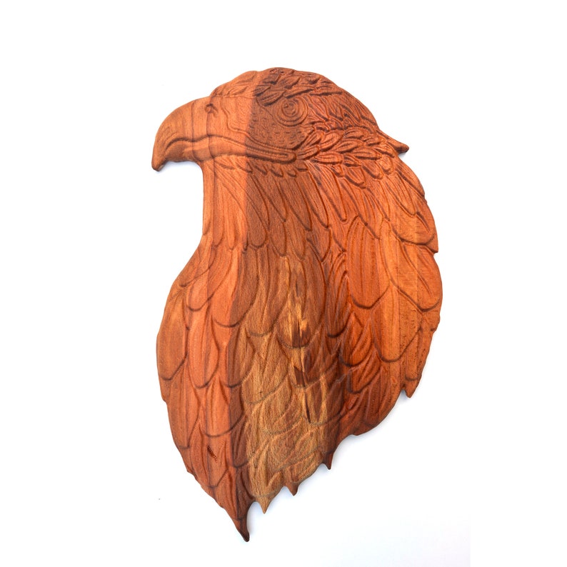 May include: A wooden carving of an eagle's head, featuring detailed feathers and a natural wood grain. The carving is a rich reddish-brown colour.