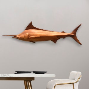 Arte mural de marlín de madera tallado a mano - Decoración de pared de marlín de madera - Talla de madera contemporánea - Estatua de madera - Arte mural de madera de Pascua tallado a mano