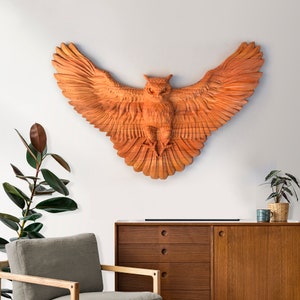 Rustic Style Wooden Owl Wall Decor - Christmas Gifts for Homes - Large Size Wood Carving - Engraved Animal Sculpture - Housewarming Gift
