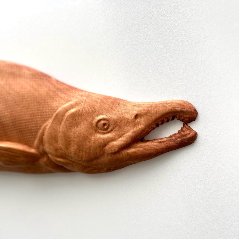 May include: A detailed wooden carving of a fish, possibly a salmon, with visible scales and an open mouth. The carving is a warm brown colour and appears to be made of hardwood. The fish's mouth is open, revealing teeth.