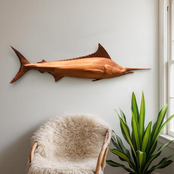 Hand Carved Beech Wood Marlin Wall Art: Nautical Decor