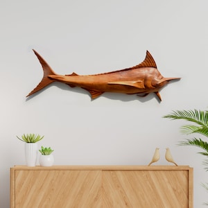 Large Beech Wood Marlin Wall Decor: Handcrafted Wood Carving Art