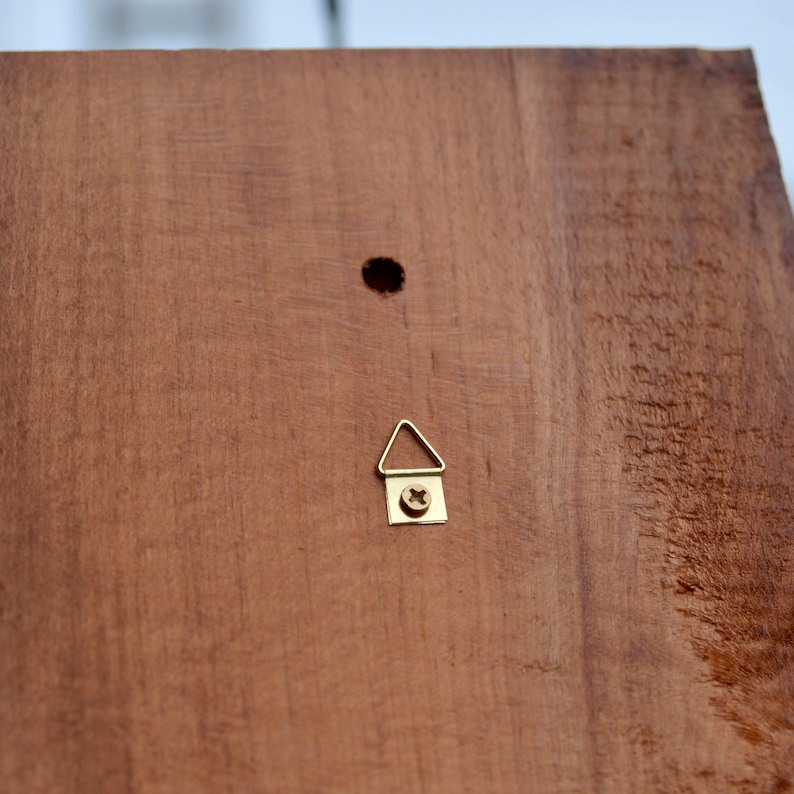 May include: Close-up of a wooden panel with a brass picture hanger attached. The wood has a natural grain and a dark brown stain. A small hole is visible near the top. The hanger is a triangle shape with a screw.