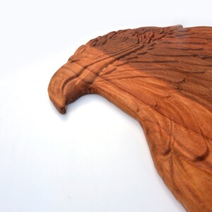 May include: A wooden carving of an eagle's head, with detailed feathers and a reddish-brown colour.