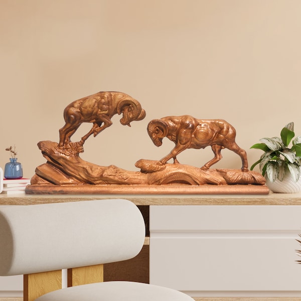 Large Beech Wood Goat Sculpture: Hand Carved Animal Decor (15.7 inch x 35.4 inch)