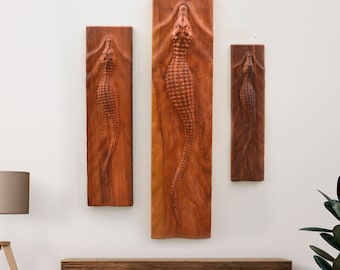 Crocodile Wood Sculpture Set: Engraved Beech Wall Art