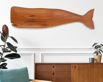 Handmade Beech Wood Whale Wall Hanging: Rustic Ocean Decor