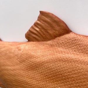 May include: Close-up of a wooden fish sculpture, displaying the textured grain and warm brown hues of the wood. The dorsal fin is prominently featured, with detailed carving. The sculpture is set against a plain white background.