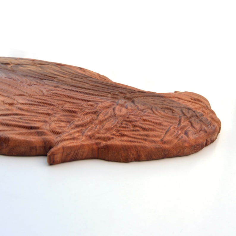 May include: A wooden carving of an eagle's head, featuring detailed feathers and a textured surface. The carving is a rich brown colour and has a natural wood grain.