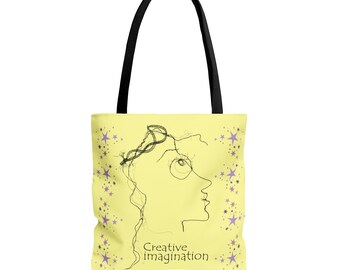 AOP Tragetasche Kreative Phantasie, Zitronengelb mit schwarzen Griffen und einem minimalistischen Linie, Zeichnung Design gedruckt, erhältlich in 3 Größen