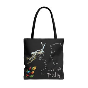 AOP Tote Bag Live Life Fully, Black with Black Handles and a Minimalist Line Drawing Design printed, Available in 3 Sizes, Practical.
