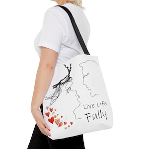 AOP Tote Bag Live Life Fully, White with Black Handles and a Minimalist Line Drawing Design printed, Available in 3 Sizes, Practical