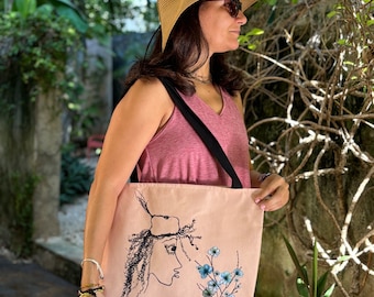 AOP-Einkaufstasche I Am Unique, Gold Pink mit schwarzen Griffen und einem minimalistischen Linienzeichnungsdesign, erhältlich in 3 Größen, praktisch.