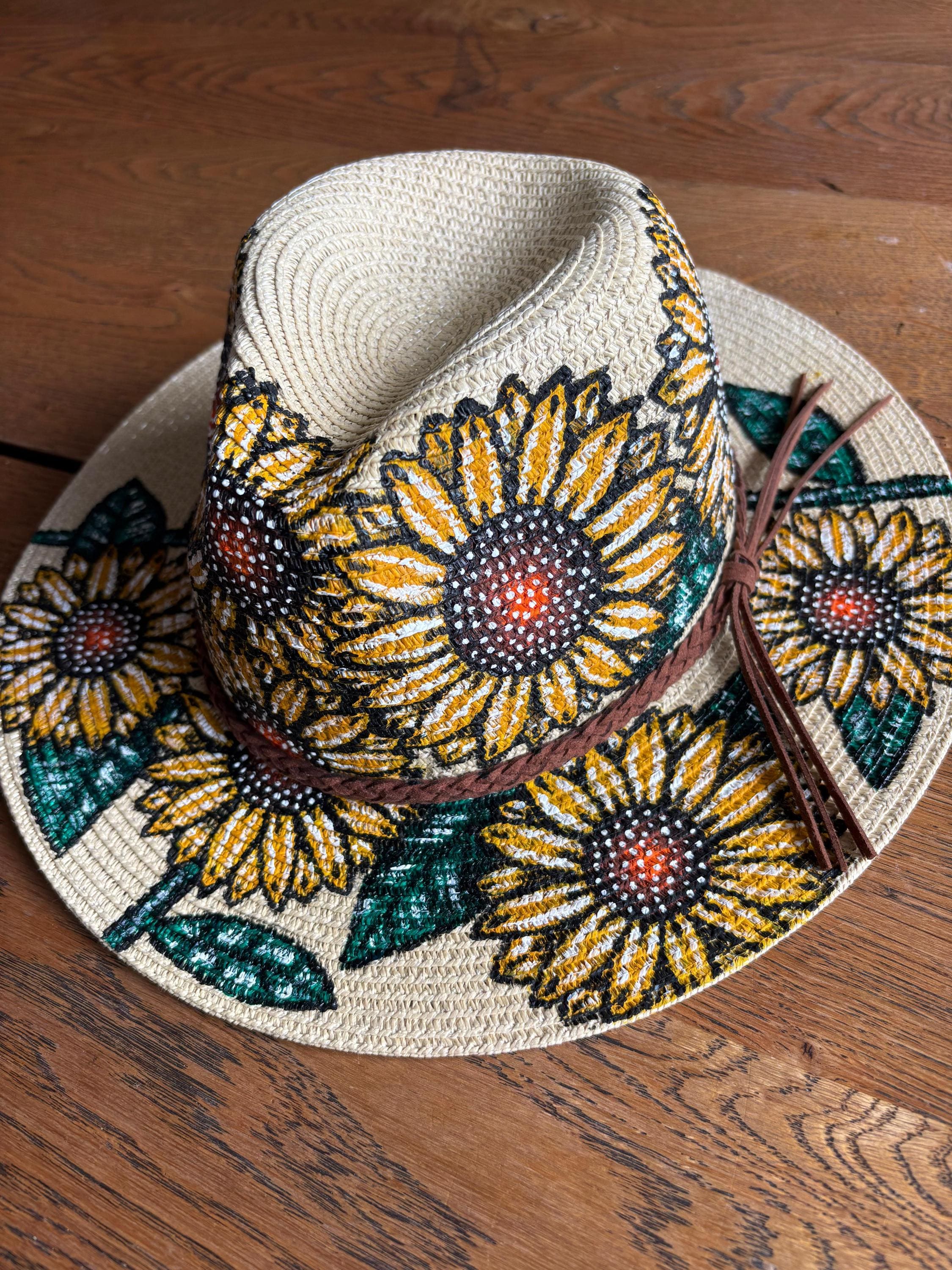 Custom painted floral summer hat Hand-painted Hat from Mexico - Floral - White, Light Blue  main image 4