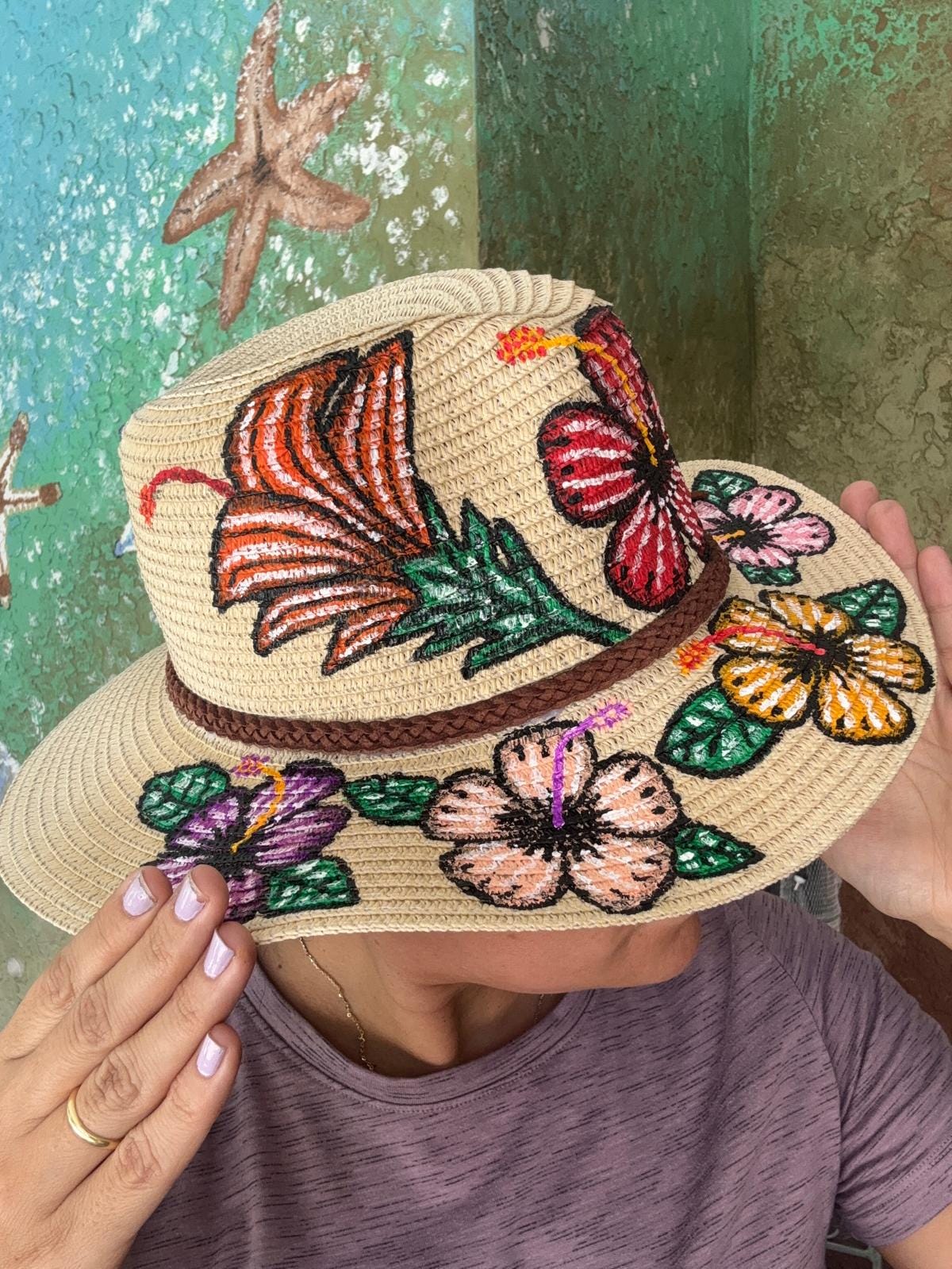 Hand painted floral straw hat Island mood on your head ?? Hand-painted hats made in  main image 2