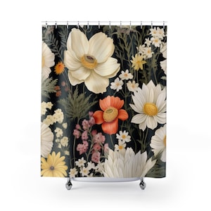 Duschvorhang, Shabby Chic Duschvorhang, stimmungsvolle Blumen, Boho Duschvorhang, französisches Bauernhaus, minimalistisches Dekor, Gänseblümchen,Blumenduschvorhang