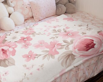 Coquette Pink Floral Velveteen Plush Blanket, Girly Cottagecore Decor