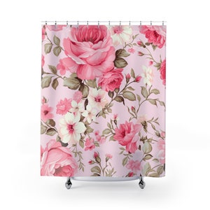 Tende da doccia, arredamento shabby chic, fattoria francese, costiero, idee per il bagno Cabbage Cottage Rose, arredamento boho rose, ispirazione vintage