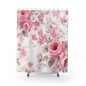 Tende da doccia, arredamento shabby chic, fattoria francese, costiero, idee per il bagno Cabbage Cottage Rose, arredamento boho rose, ispirazione vintage